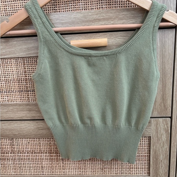 None Tops - Green Ribbed Knit Tank Top